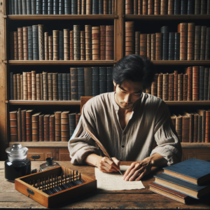 Homme assis devant une bibliothèque entrain d\'écriture une lettre manuscrite